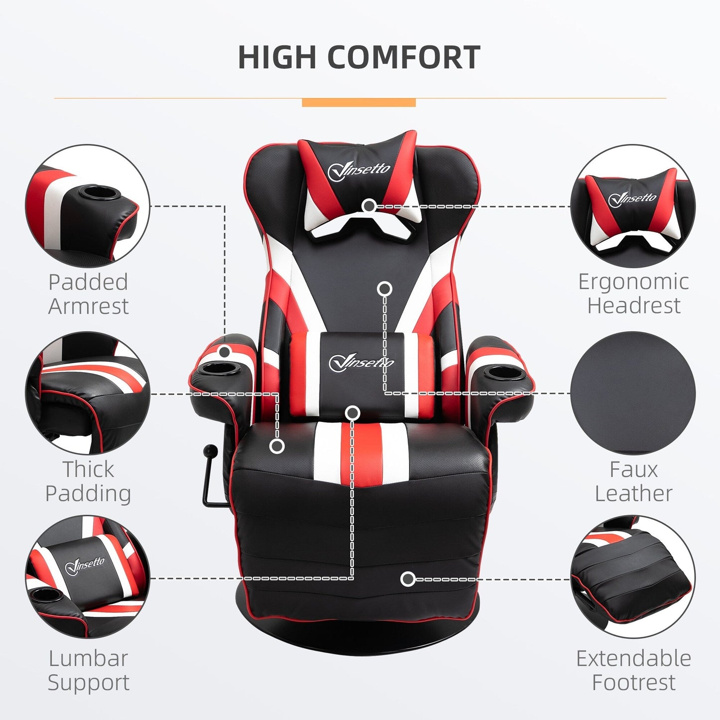 360° Swivel Racing Style Gaming Recliner Chair with Lumbar Support, Footrest and Dual Cup Holders for Game Room