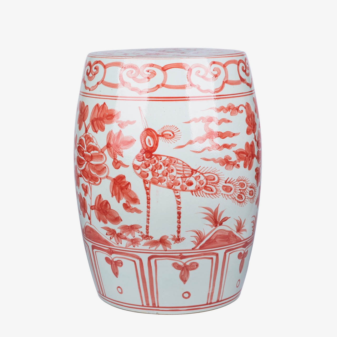 Coral Red Bird Village Garden Stool - porcelain