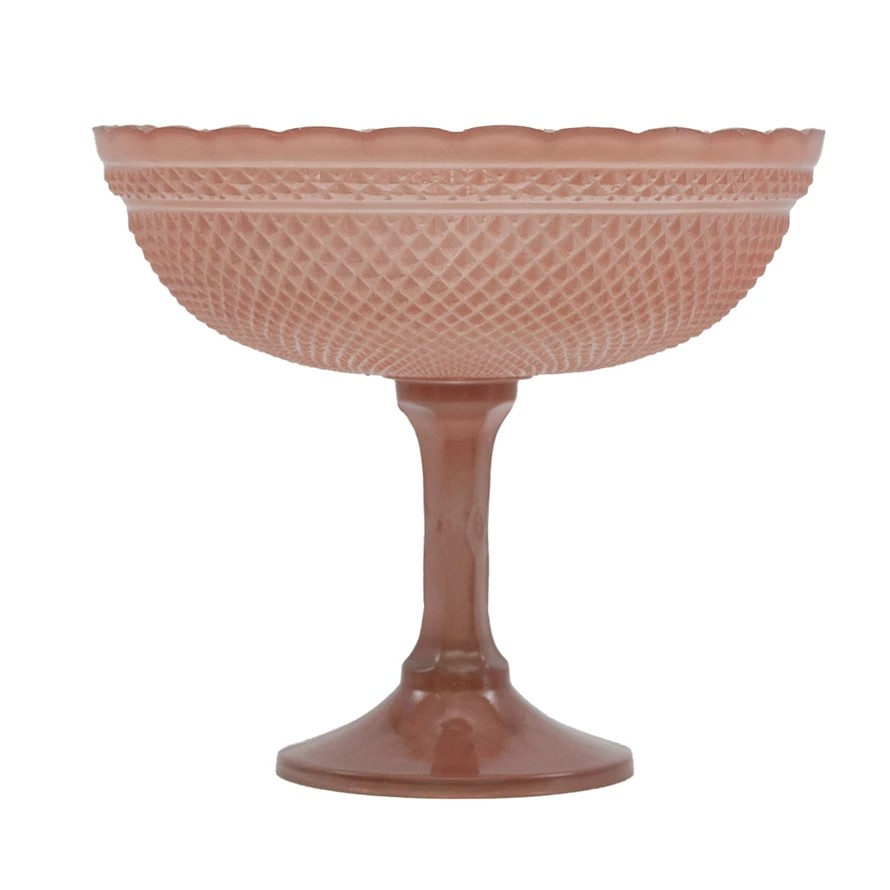 Pink Hobnail Footed Bowl - glass