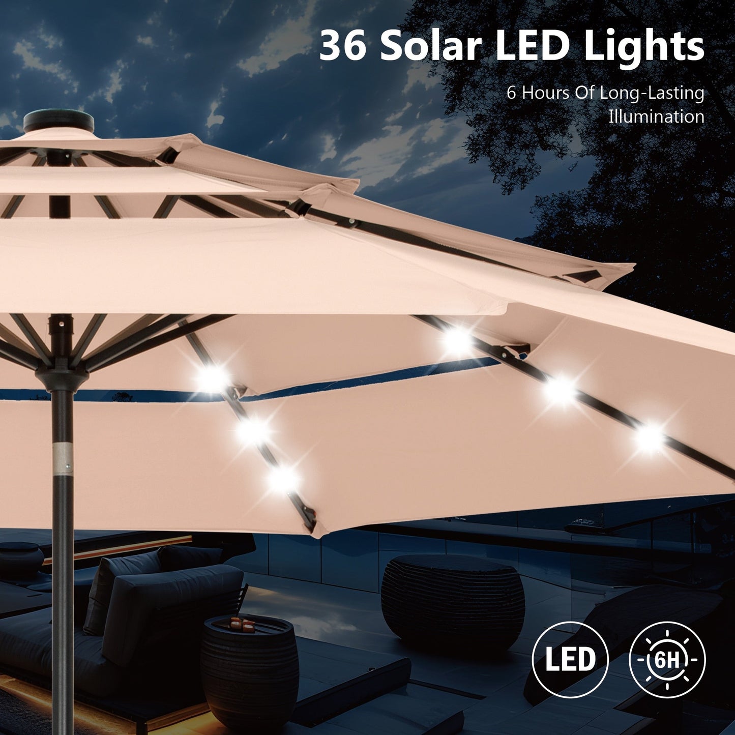 MAISON ARTS 10ft 3 Tier Auto-tilt Patio Umbrella Outdoor Double Vented Umbrella with LED Lights