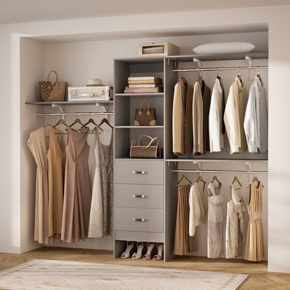 Rackcog 120'' Adjustable Closet Organizer with Drawers, Closet System with DIY Shelves for Reach-in and Walk-in Closet