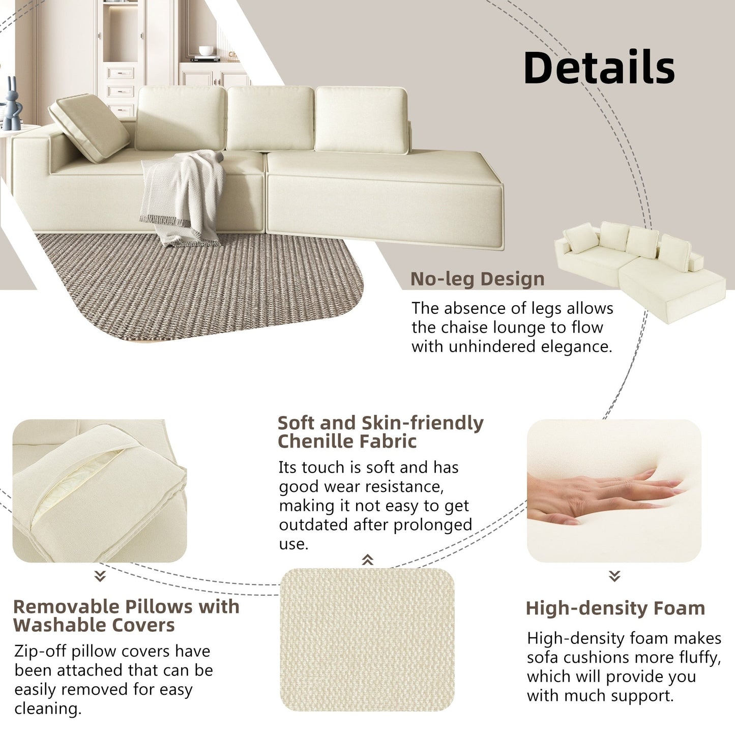 125 Stylish Chaise Lounge Modern Indoor Lounge Sofa Sleeper Sofa with Clean Lines for Living Room, Beige