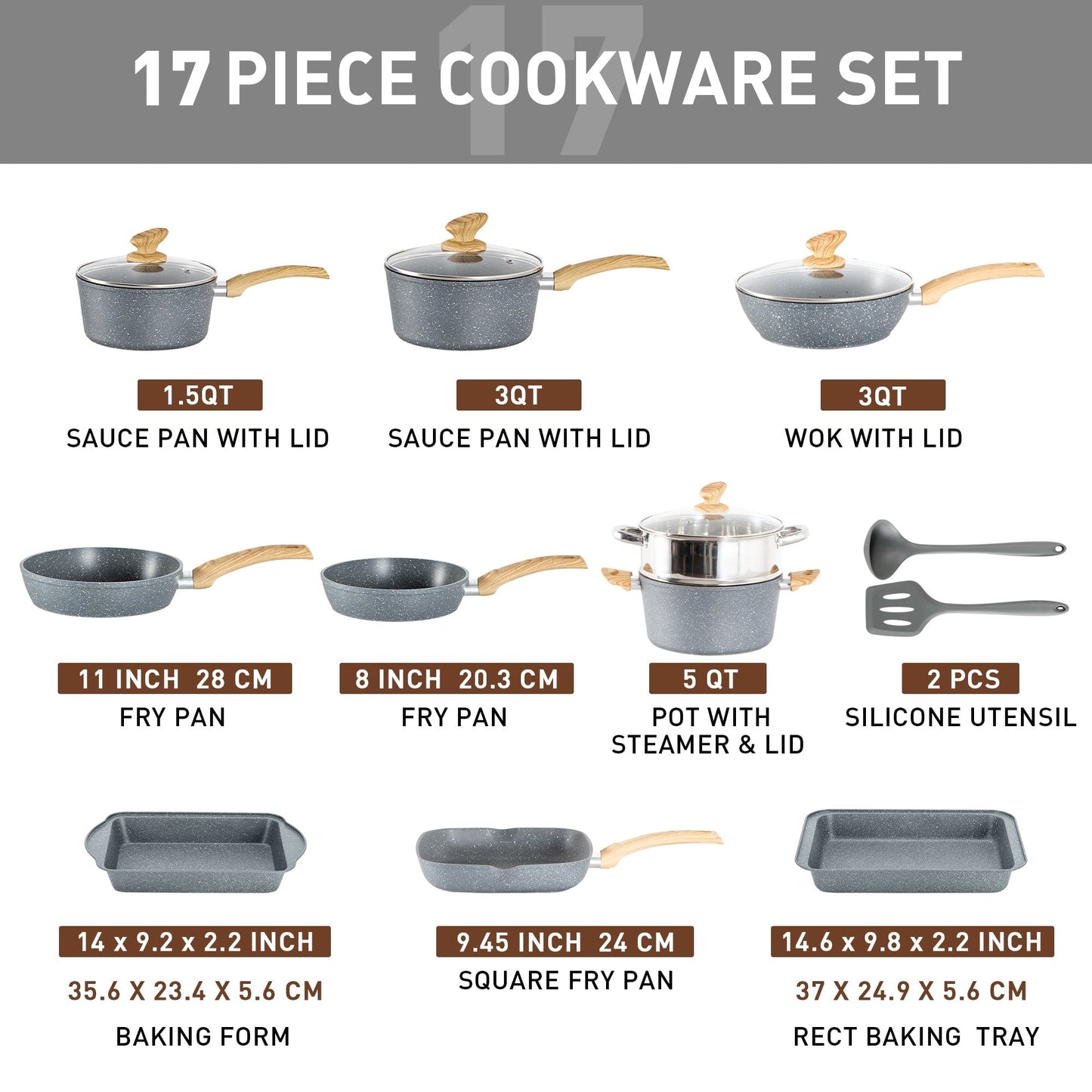 17-Piece Kitchen Granite Cookware Set, Non-stick Cooking Pots and Pans Set