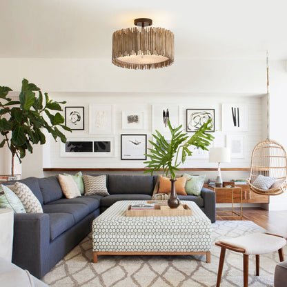 Distressed White 3-Light Wood Drum Semi-Flush Mount Ceiling Light