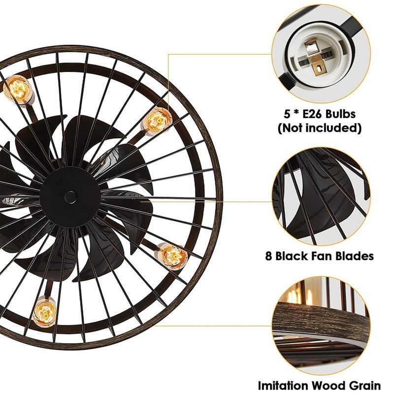 20 in. Low Profile Ceiling Fan Light Modern Farmhouse Wood Finish Caged Ceiling Fan with Light and Remote