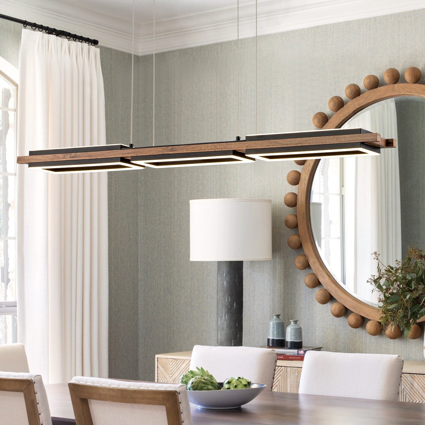 3/5-Light Integrated LED Linear Wood Chandelier Kitchen Island Pendant Light