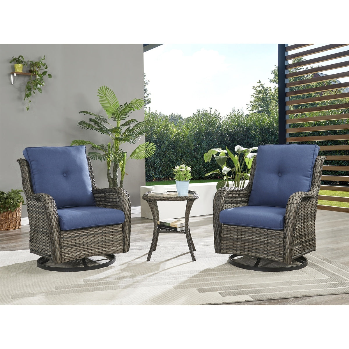Gymojoy 3 Piece Outdoor Wicker Swivel Rocker with Cushion & Table