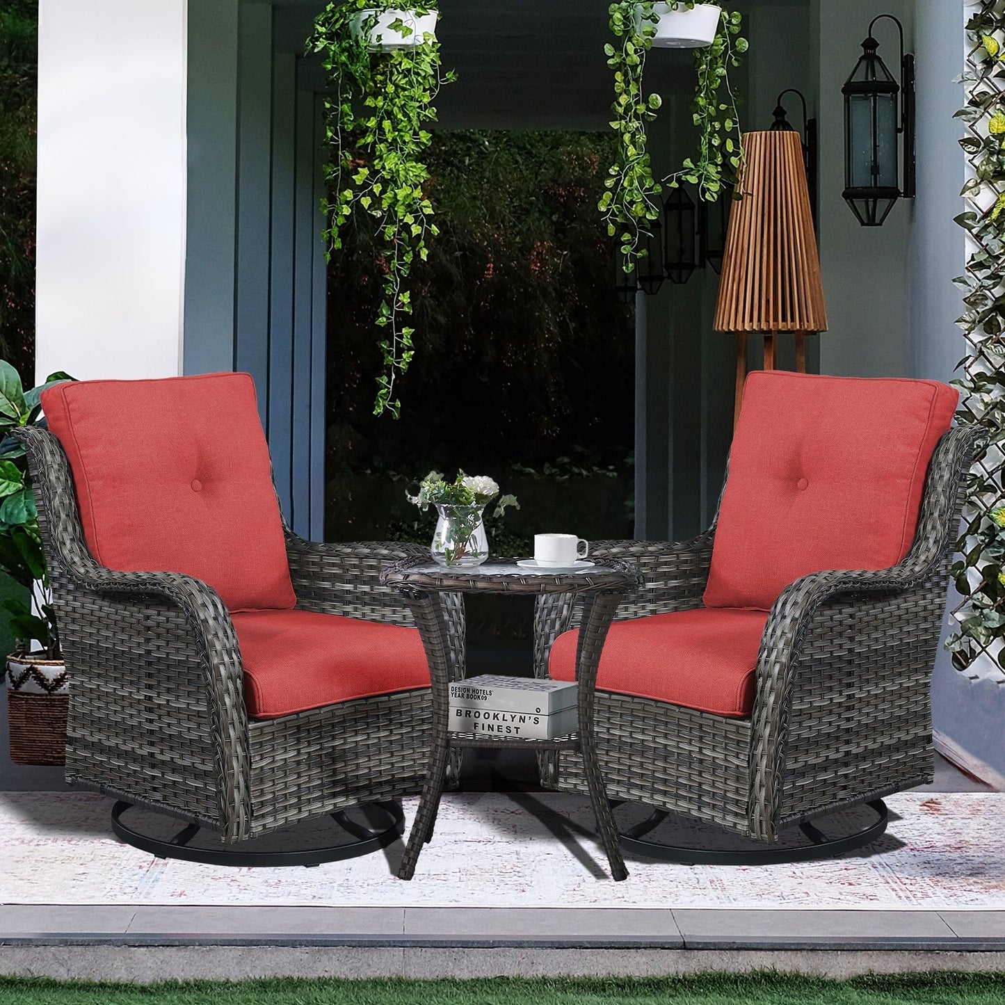 Gymojoy 3 Piece Outdoor Wicker Swivel Rocker with Cushion & Table