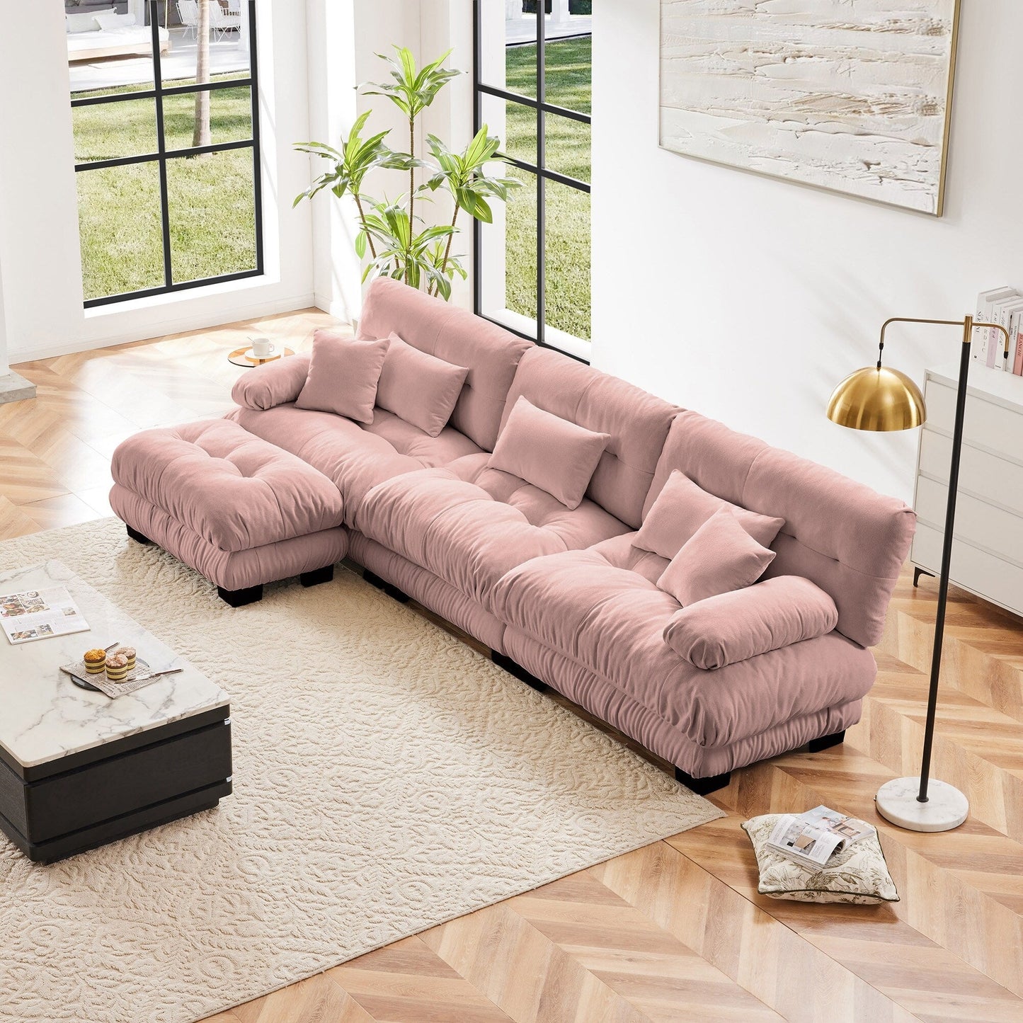 3-Seat Modular Sectional Sofa Deep Seat Couch L Shaped Cloud Couch with Convertible Ottoman for Living Room