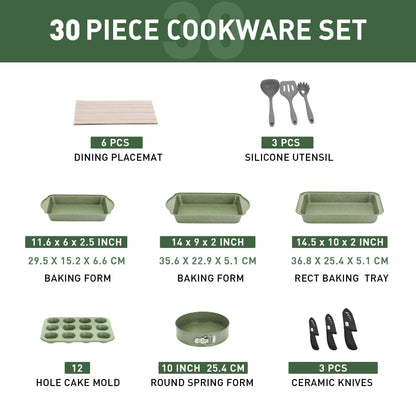 30-Piece Kitchen Granite Cookware and Bakeware Set, Cooking Pans Set Non-Stick Pots and Pans Set
