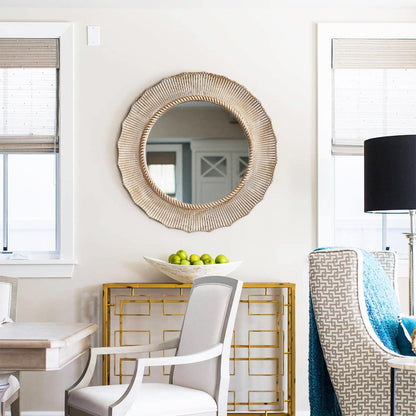 30-in Bohemian Beige Round Wooden Decorative Bathroom Vanity Wall Mirror