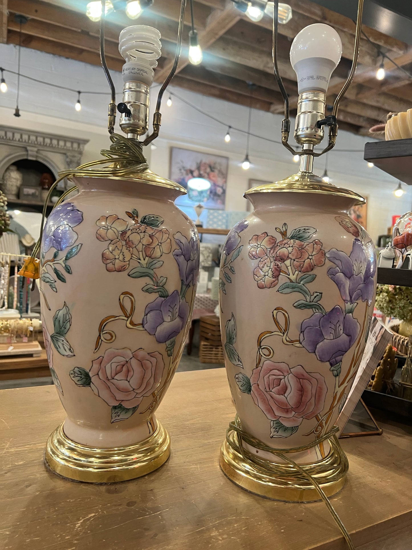 Pair of Vintage Blush Floral Lamps - porcelain
