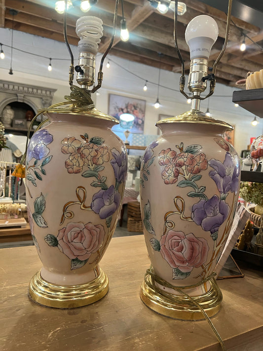 Pair of Vintage Blush Floral Lamps - porcelain