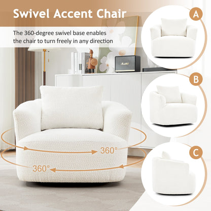 360° Swivel Chair, 38.2 Boucle Accent Chair with Throw Pillow, Upholstered Barrel Sofa Chair with Curved Armrests
