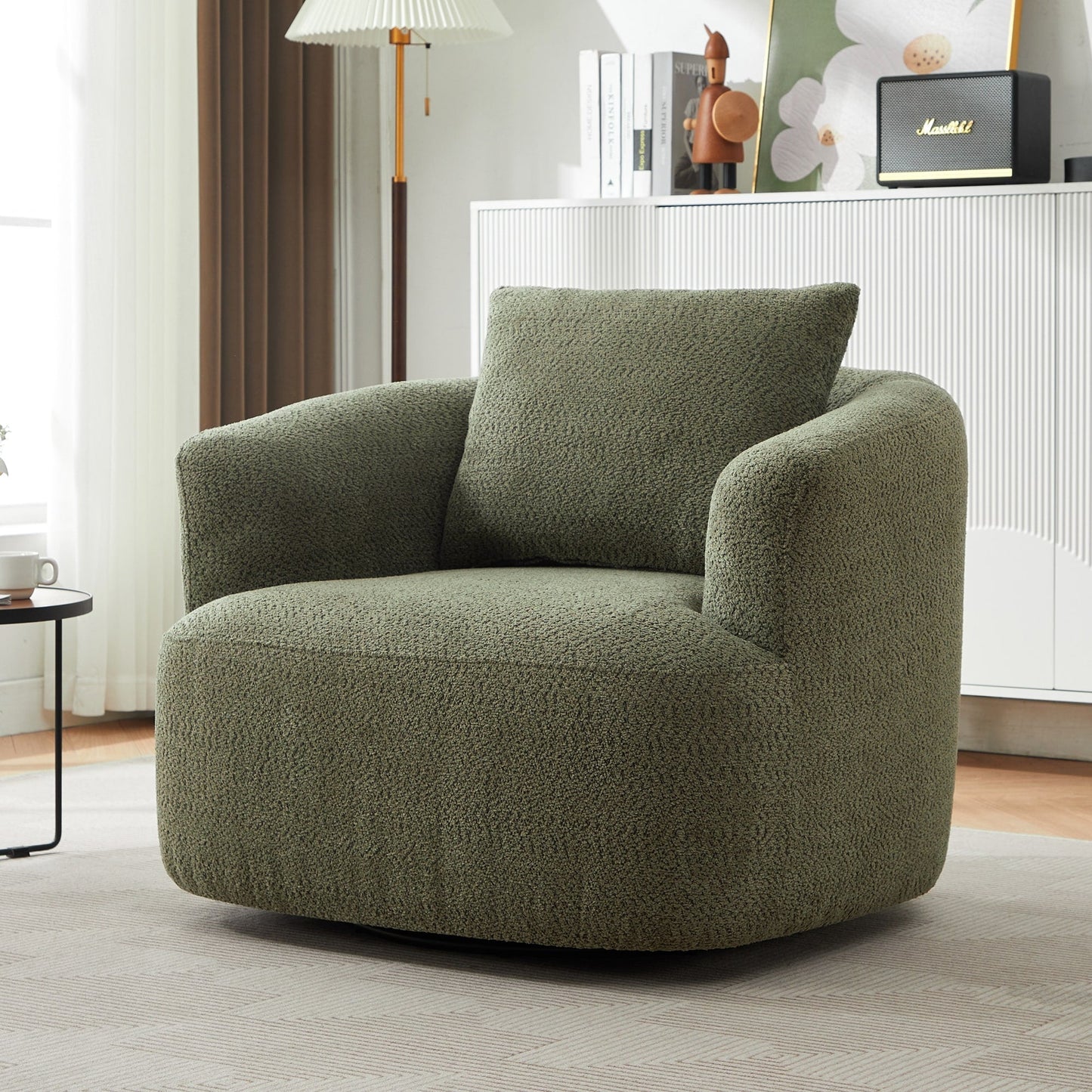 360° Swivel Chair, 38.2 Boucle Accent Chair with Throw Pillow, Upholstered Barrel Sofa Chair with Curved Armrests