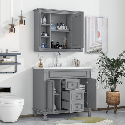 36'' Modern Bathroom Vanity with Top Sink and Mirror Cabinet,2 Doors and 2 Drawers