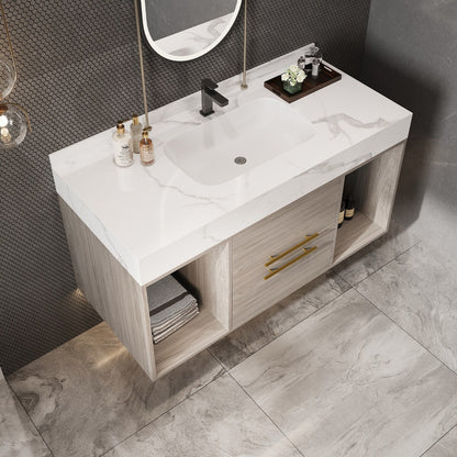 39.4 '' Floating Bathroom Vanity with Ceramic sink,Wall Hung Vanity 2 Soft Close Drawer and white slate top - 39'4 x 18'9