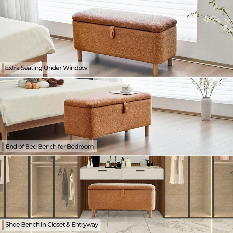 39.5 Off White Boucle Storage Ottoman Bench Sherpa Storage Bench Ottoman Foot Rest End of Bed for Living Room Bedroom,Wood Leg