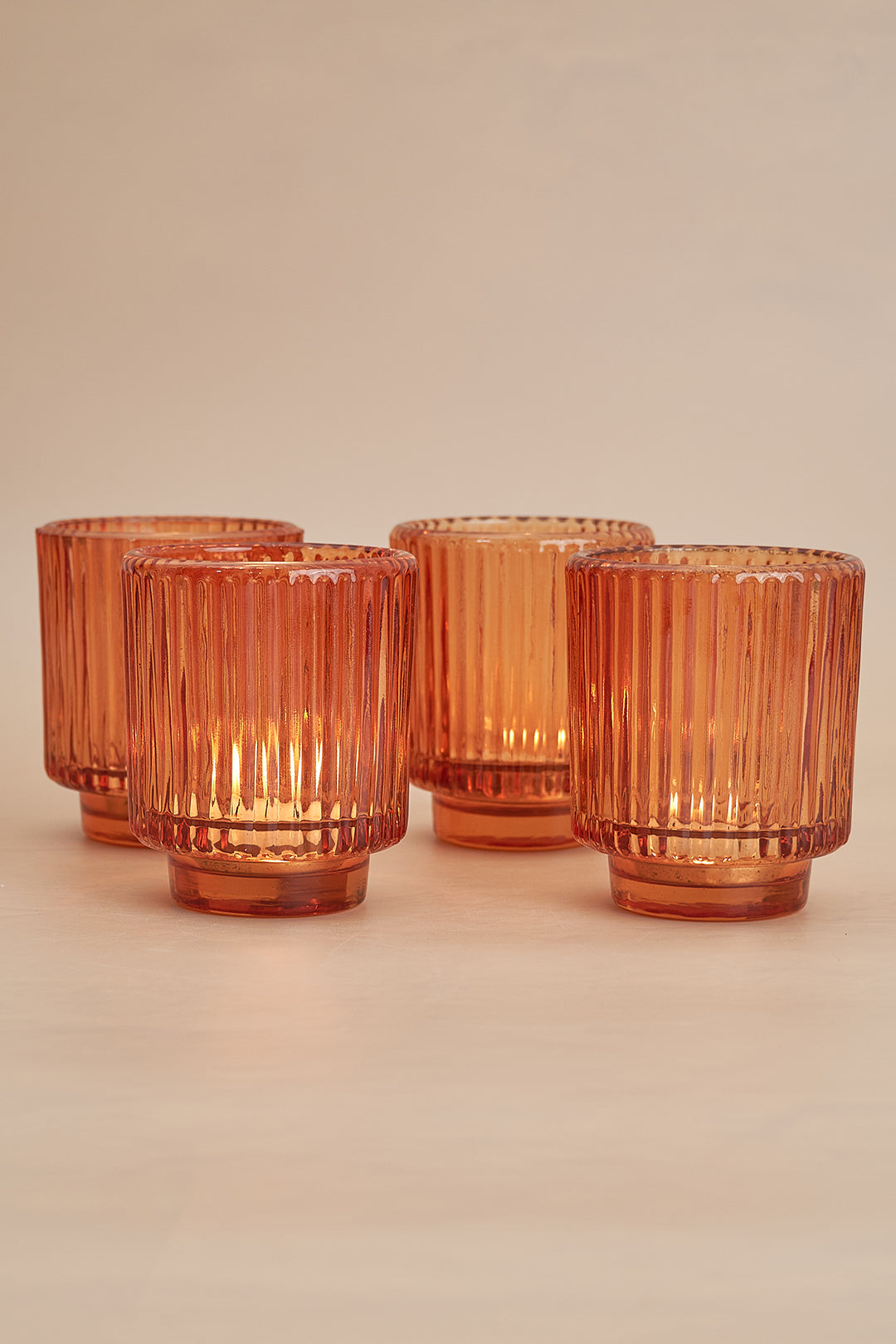 Fluted Glass Amber Tealight Holder - Set of 2