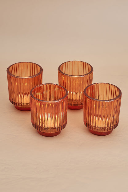 Fluted Glass Amber Tealight Holder - Set of 2