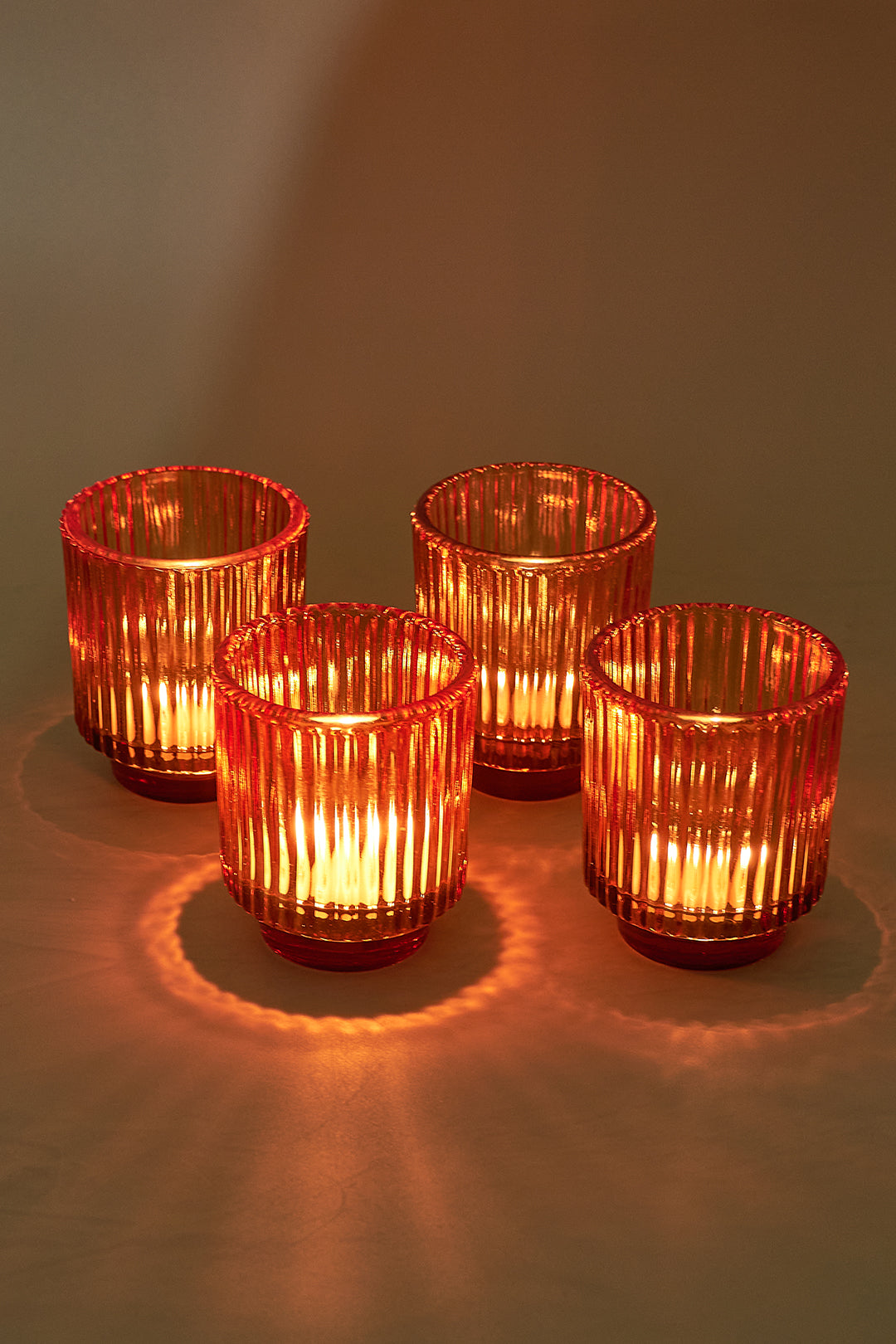 Fluted Glass Amber Tealight Holder - Set of 2