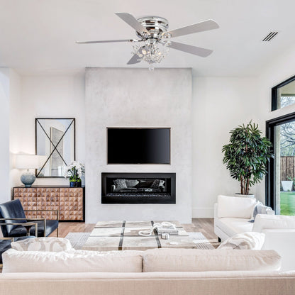 48 Modern Reversible 5-Blade Crystal Flush Mount Ceiling Fan with Remote