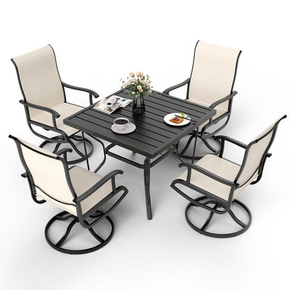 5-Piece Metal Outdoor Patio Dining Set with Square Table and Textilene Swivel Chairs
