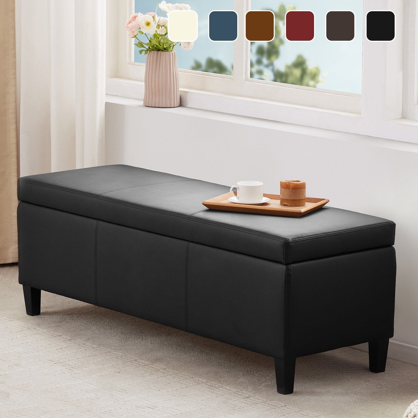 50.3 x 17.50 x 18 Upholstered Rectangular Storage Ottoman-Faux Leather