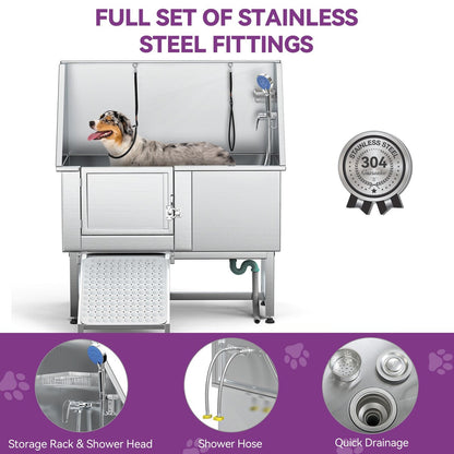 50'' W Stainless Steel Adjustable Pet Grooming Tub with Steps Ramp