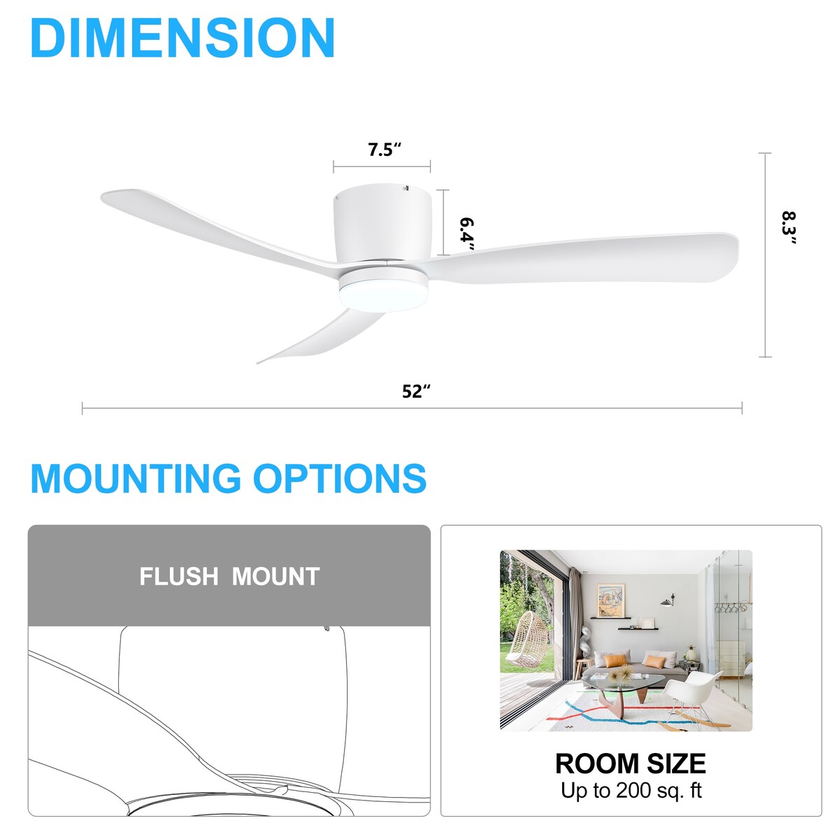 52 Inch Black/White Flush Mount LED Ceiling Fan with Lights Remote(3-Blade)