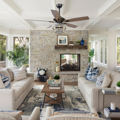 52-inch Chrome Wooden 5-blade Modern Crystal Ceiling Fan with Remote