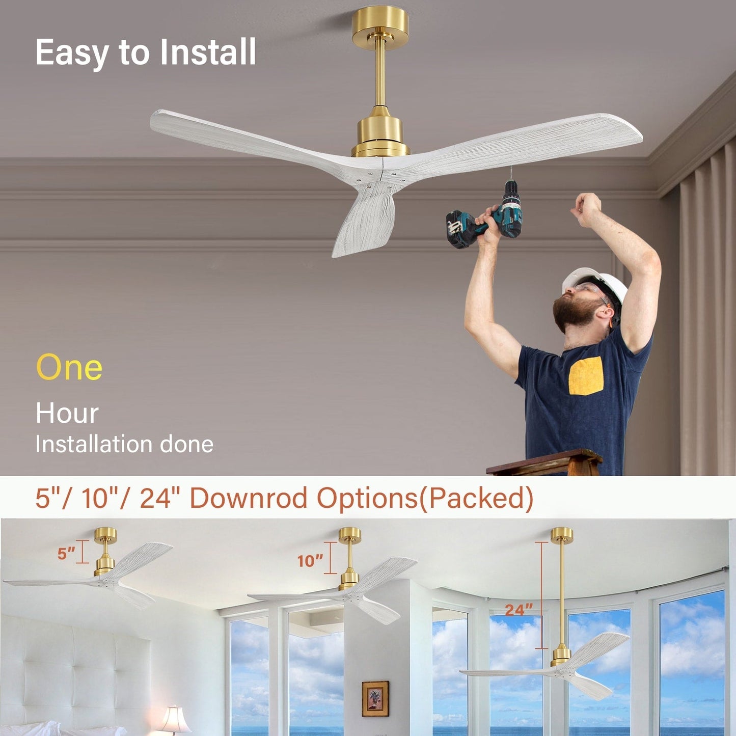 52 inch Modern Solid Wood / ABS Ceiling Fan With Remote Control(No Light),6 WInd Speed,Reversible Airflow