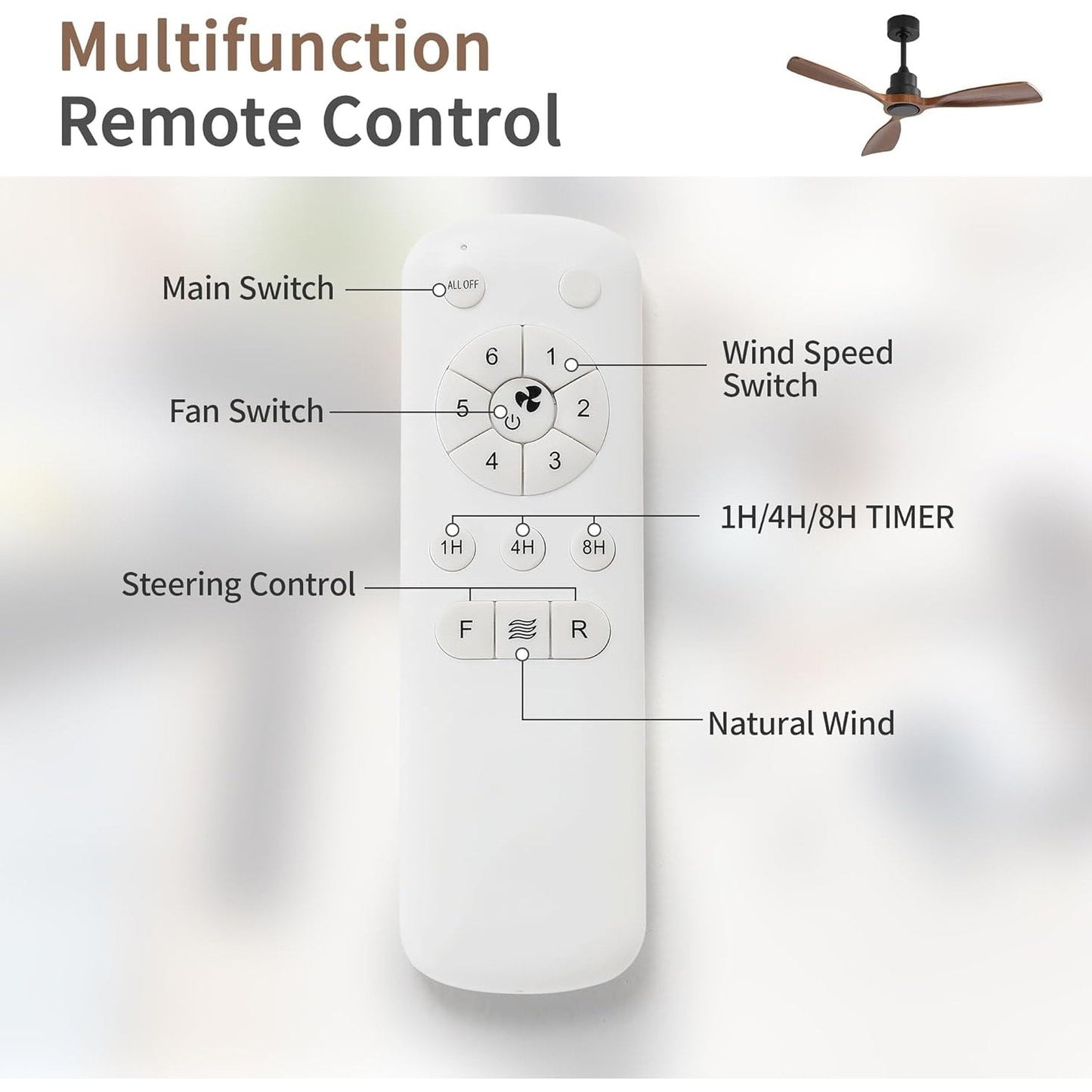 52/60/48 Noiseless Walnut Wood Ceiling Fan with Remote Control, Integrated Light Optional
