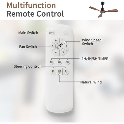 52/60/48 Noiseless Walnut Wood Ceiling Fan with Remote Control, Integrated Light Optional