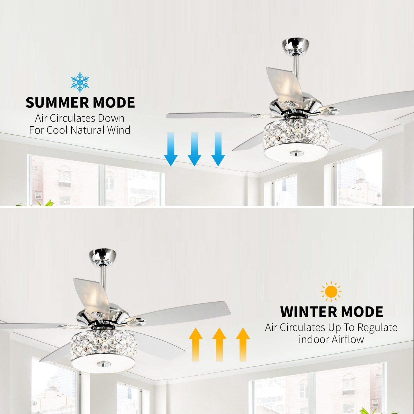 52 Modern 4-Light Chandelier Crystal Ceiling Fan with Remote