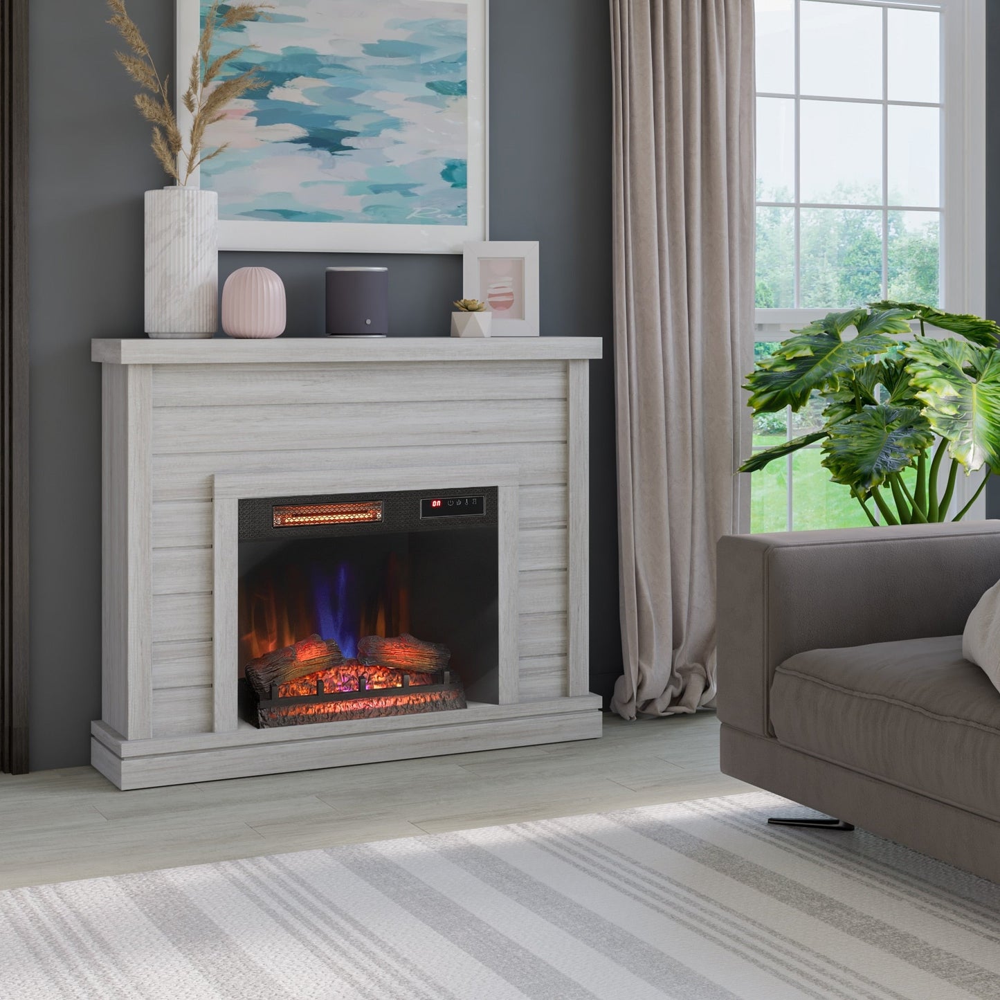 52 Shiplap Wall Mantel with 3D Fireplace Insert