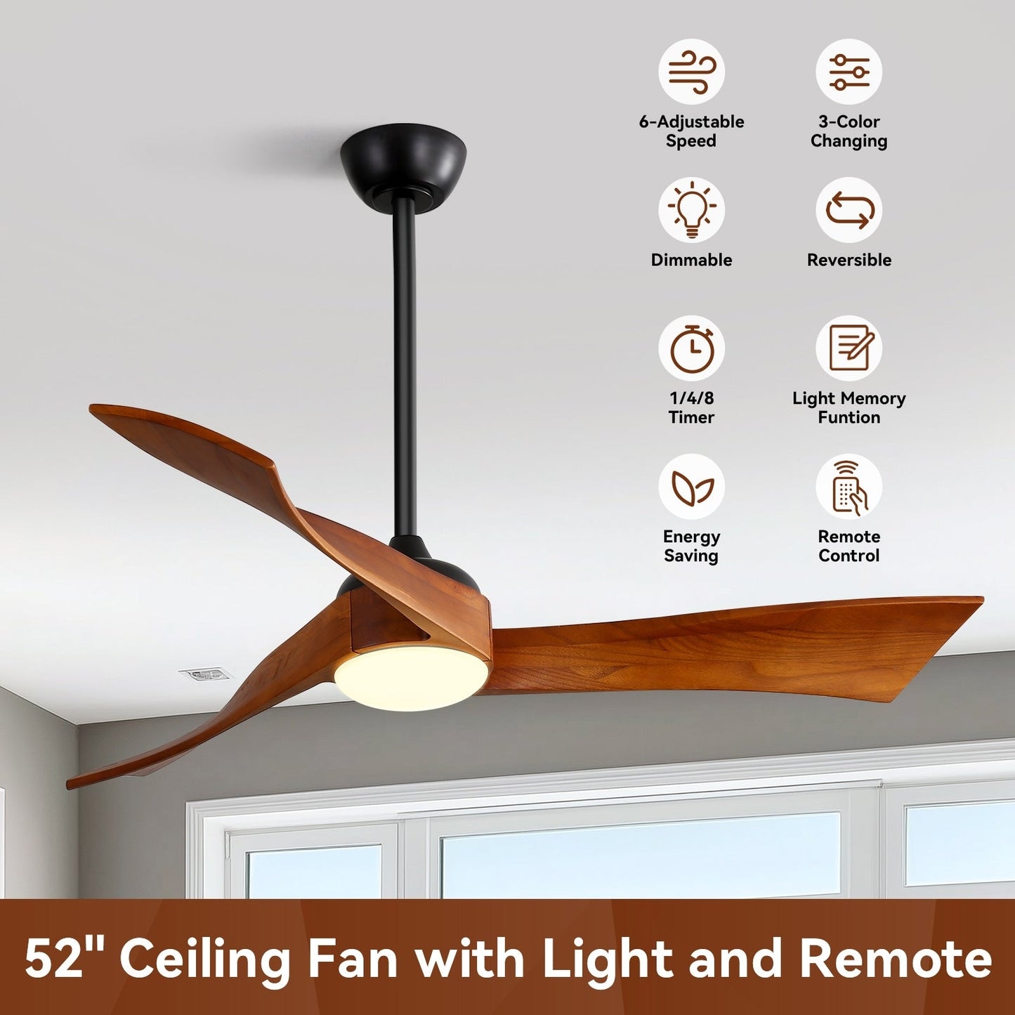 52 Wood 3-Blade Ceiling Fans with Dimmable LED Light and Remote, 6-Speed Reversible DC Motor - 52 inch