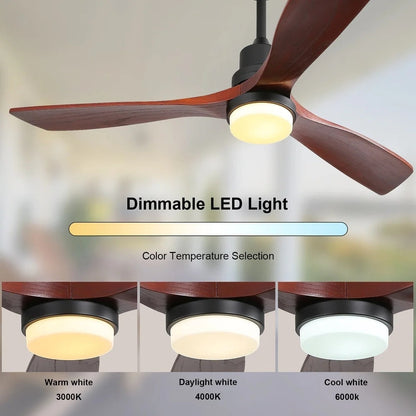52/60/48 Noiseless Walnut Wood Ceiling Fan with Remote Control, Integrated Light Optional