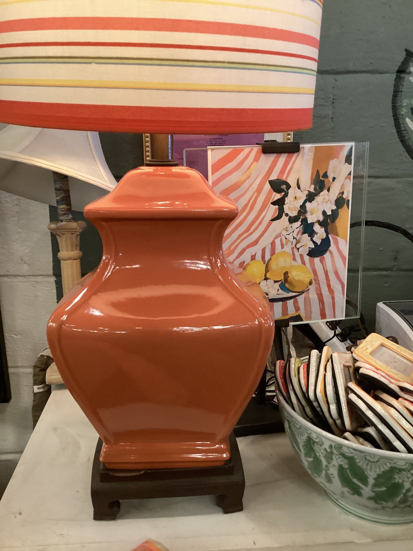 Vintage Orange Lamp on Wood Base