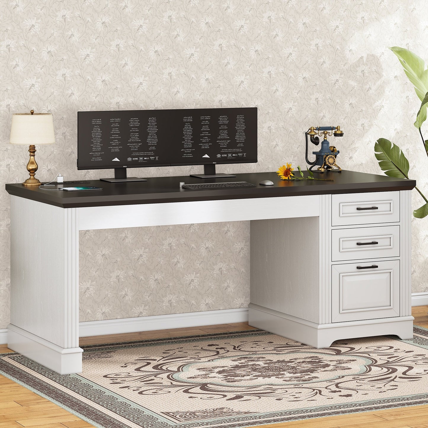 Farmhouse Executive Desk Home Office Desk File Drawer Monitor Stand Power Outlet