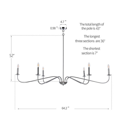6 Light 64 Inches Minimalist Chandelier in Matte Black / Gold /Chrome - N/A