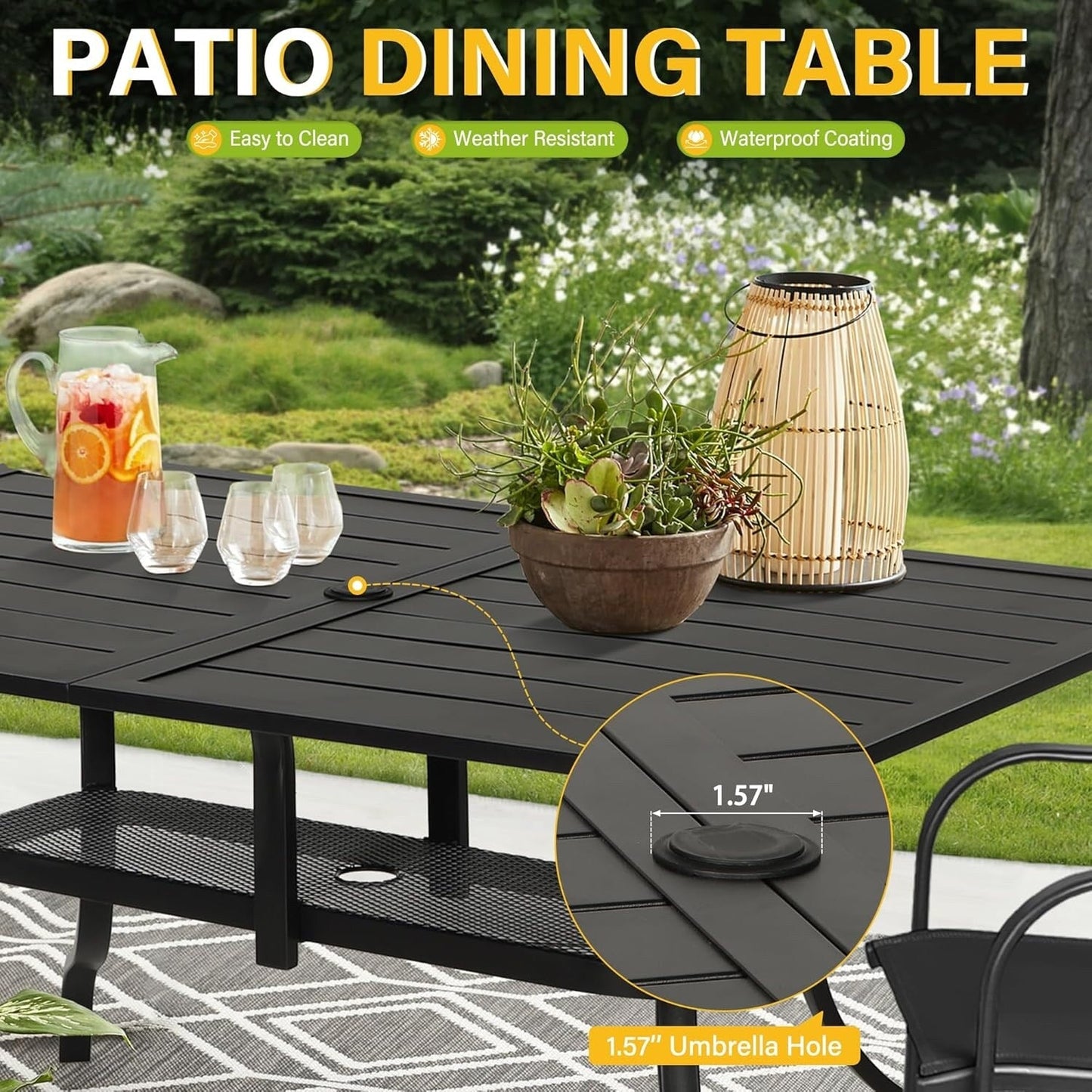 60 x 37 Outdoor Patio Rectangular Metal Slatted Dining Table with Umbrella Hole for 6 Person