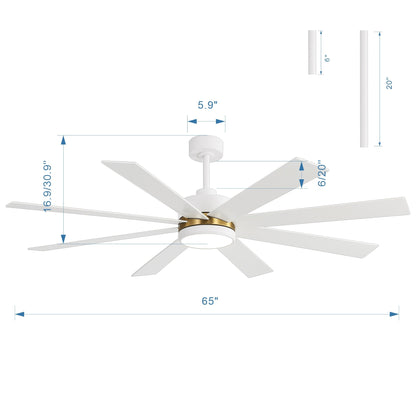 65 Inch 8-Blade Black LED Ceiling Fan with Light and Remote