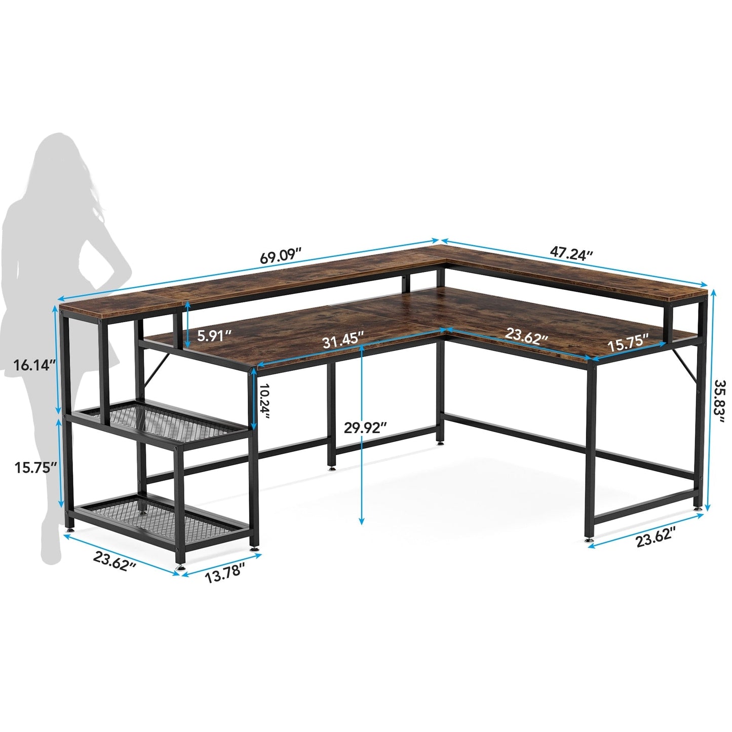 L Shaped Desk with Monitor Shelf, Reversible Corner Computer Desk for Office Home 69