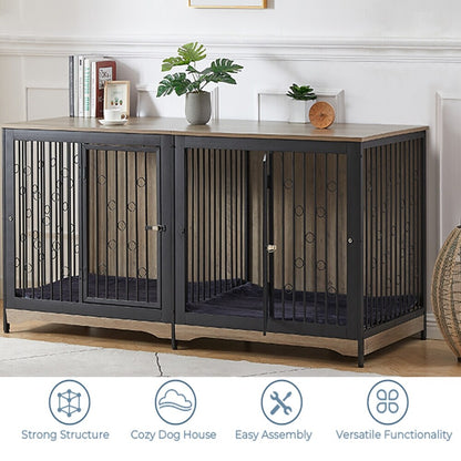 70.86'' Dog Crate Furniture Large Breed TV Stand with Cushion & Double Rooms (No Cushion)