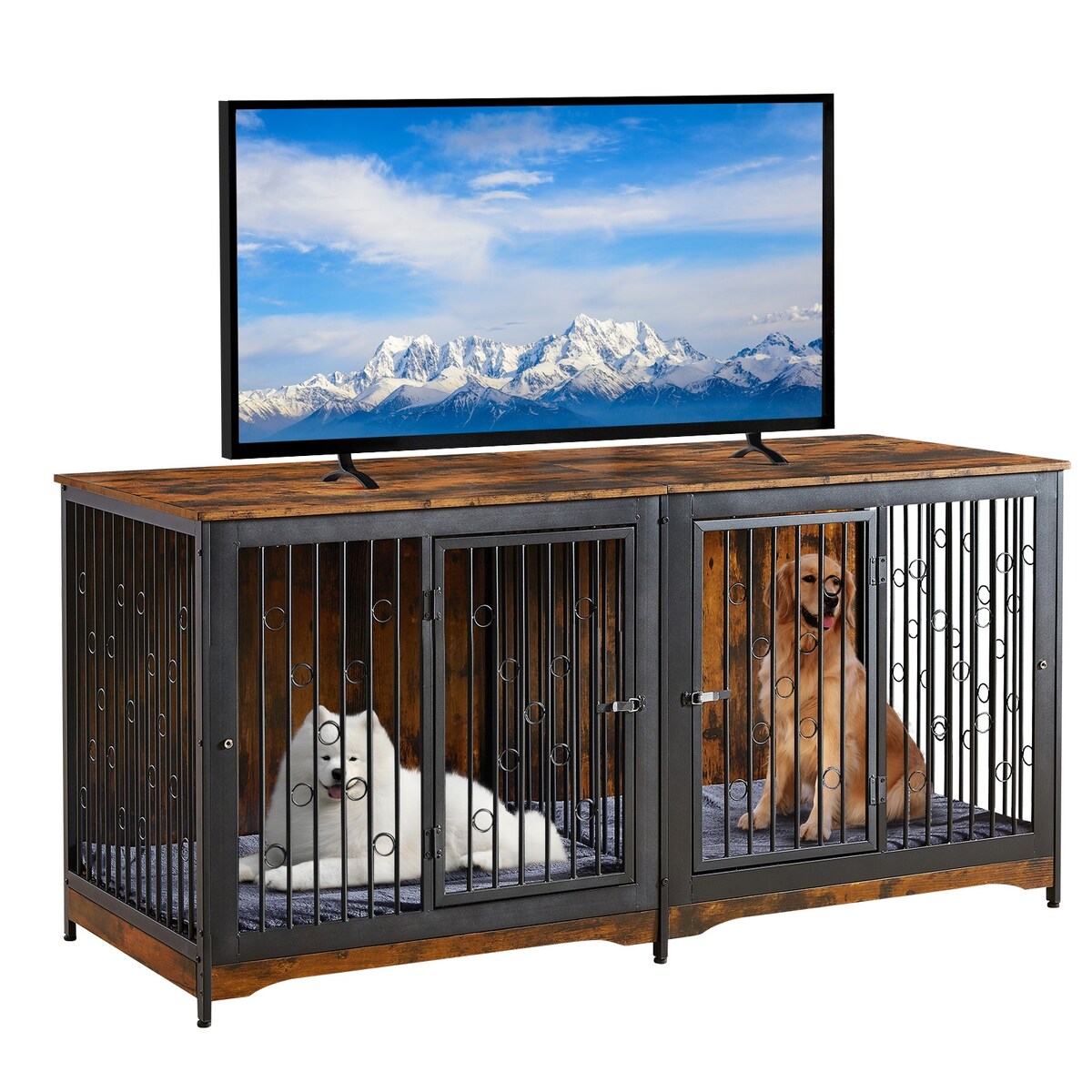 70.86'' Dog Crate Furniture Large Breed TV Stand with Cushion & Double Rooms (No Cushion)