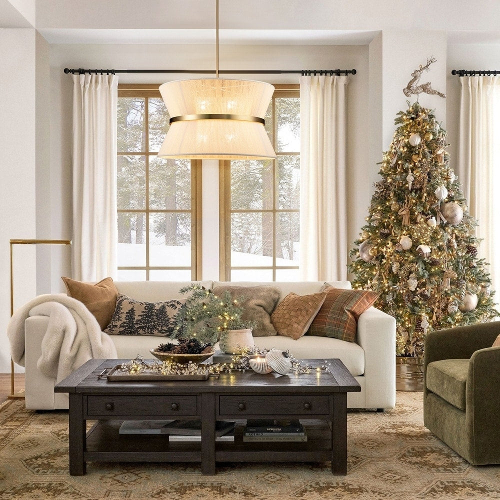 8-Light Modern Boho Large Drum Chandelier 24 inch Fabric Hourglass Hand-woven Chandelier in Gold/ Black for Dining/ Living Room