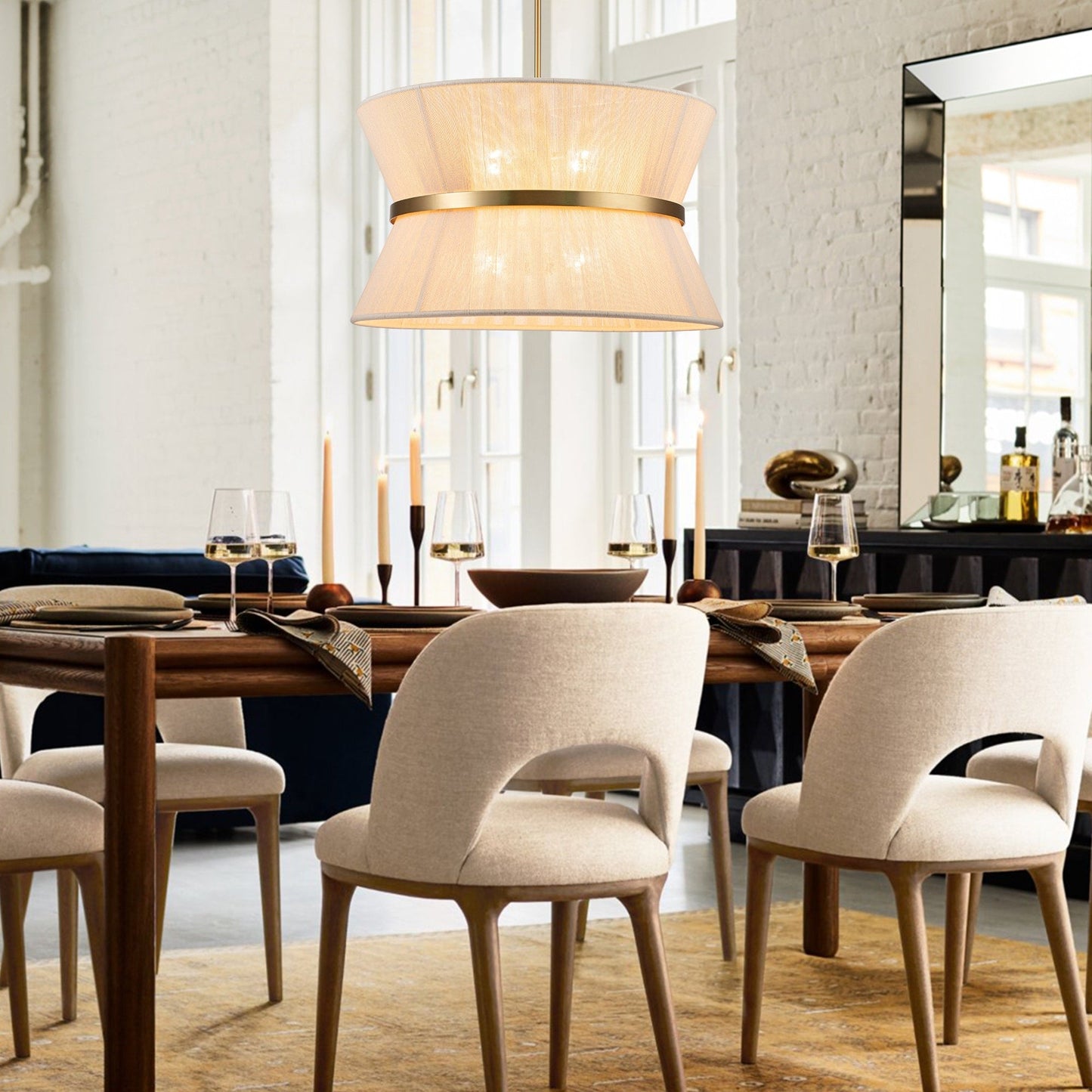 8-Light Modern Boho Large Drum Chandelier 24 inch Fabric Hourglass Hand-woven Chandelier in Gold/ Black for Dining/ Living Room