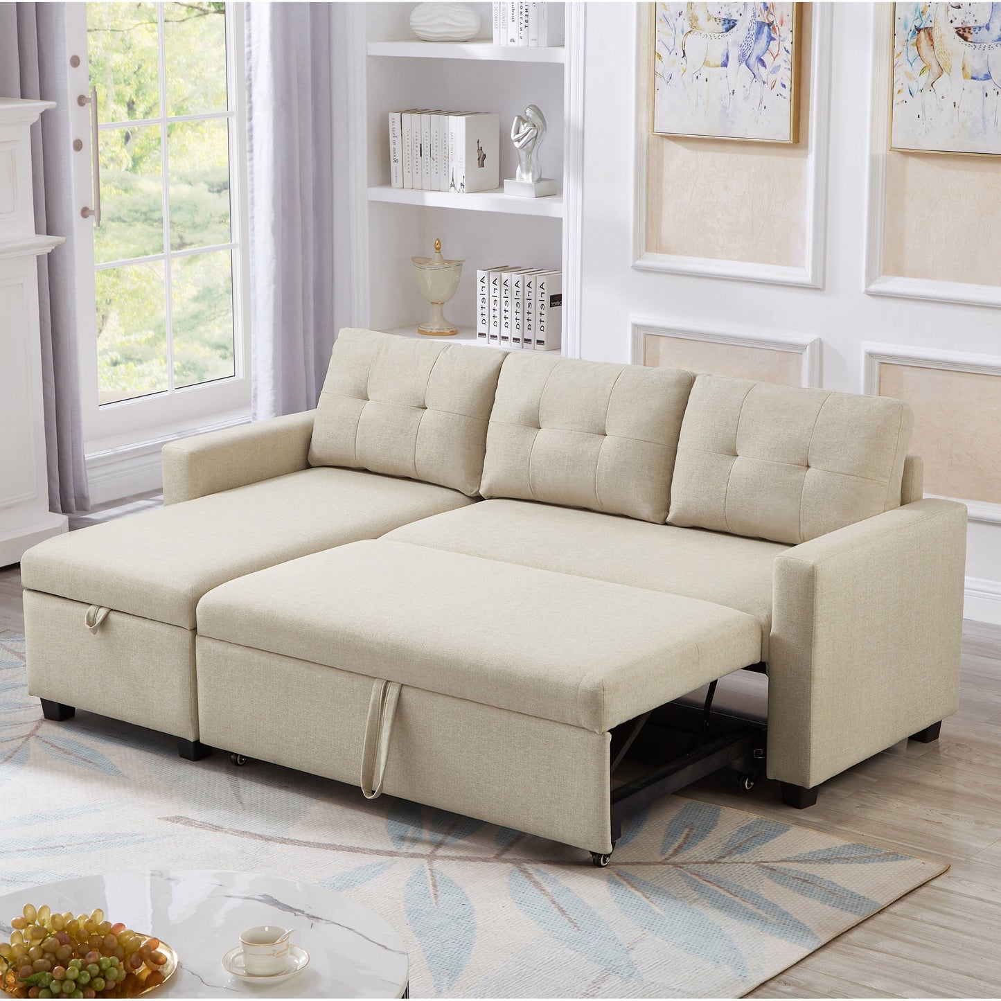 81.5'' Upholstered Convertible 3 Seater Sleeper Sofa with Pull-Out Bed, Reversible Storage Chaise, and Back Cushions