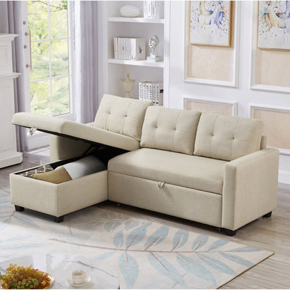 81.5'' Upholstered Convertible 3 Seater Sleeper Sofa with Pull-Out Bed, Reversible Storage Chaise, and Back Cushions